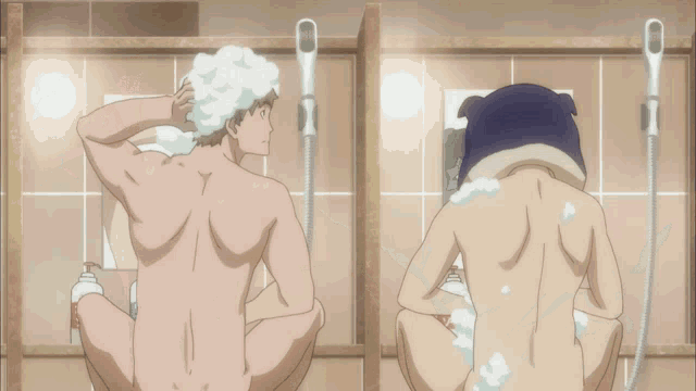 a man is taking a bath with a blue hat on his head