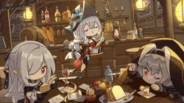 a wanted poster hangs on a wall above a table with food and drinks