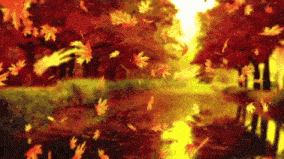 a painting of autumn leaves falling into a pond