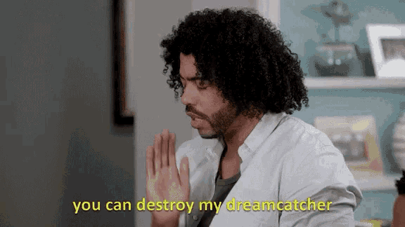 a man with curly hair and a beard is saying you can destroy my dreamcatcher