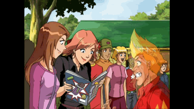 a group of cartoon characters are standing around looking at a magazine