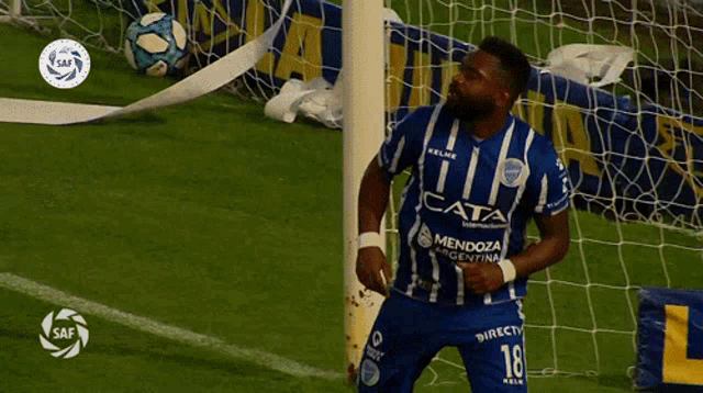 a soccer player wearing a blue shirt that says cata mendoza argentina