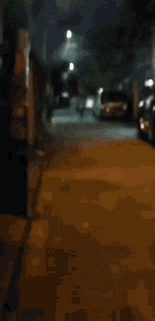 a blurry picture of a couple walking down a street at night