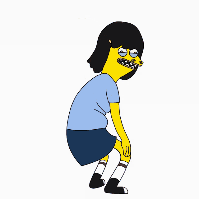 a yellow cartoon character wearing a blue shirt and shorts is squatting down