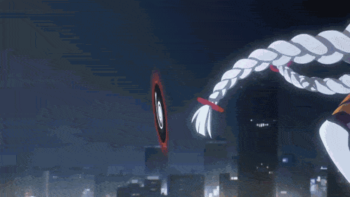 a girl with a long braided tail is standing in front of a purple light .