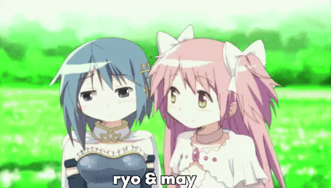 two anime girls are standing next to each other and the words ryo & may are on the bottom