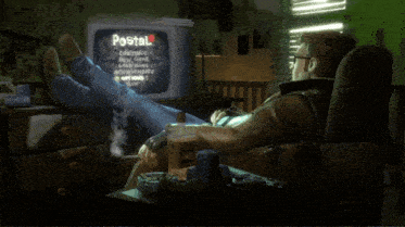 a man is sitting in front of a tv screen that says postal