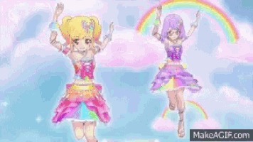 two anime girls are dancing in front of a rainbow surrounded by berries .