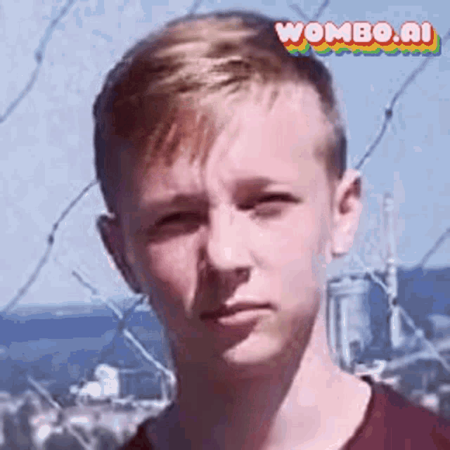 a young man with a serious look on his face is wearing a red shirt .