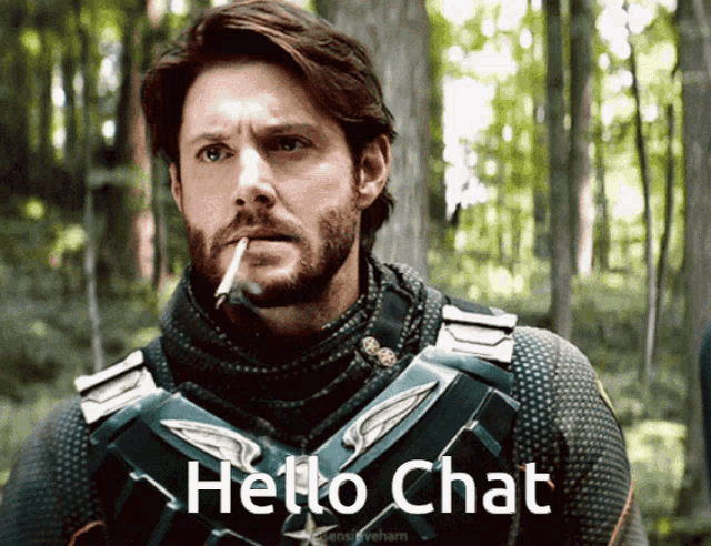 a man with a beard is smoking a cigarette with the words hello chat written below him