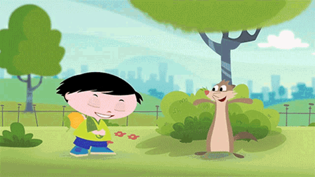 a cartoon of a boy with a backpack and a squirrel with a tree in the background