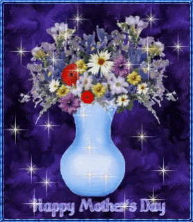 a happy mother 's day greeting card with a blue vase filled with flowers