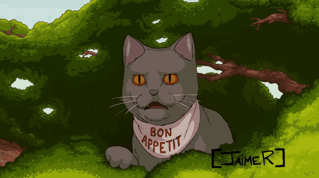 a drawing of a cat with a scarf around its neck and the name jaime r on the bottom left
