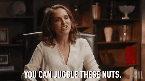 a woman is sitting in a chair and saying `` you can juggle these nuts '' .