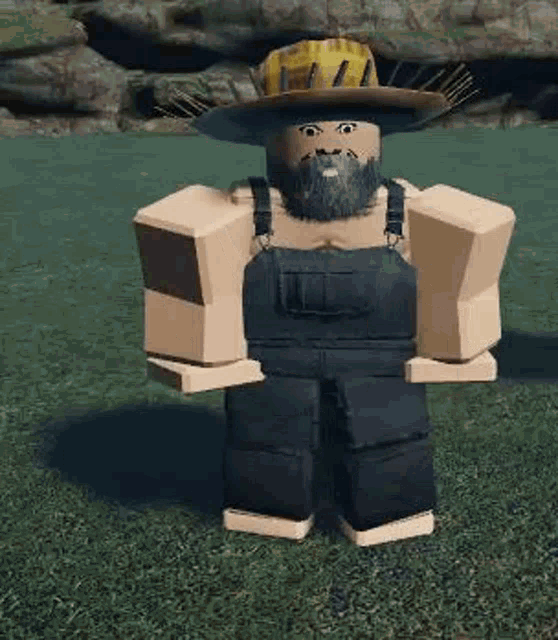 a roblox character with a beard wearing overalls and a hat is standing in a field .