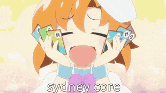 a girl with orange hair is holding a bunch of cards in front of her face and the words sydney core are on the bottom