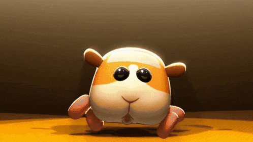 a cartoon guinea pig with big eyes is walking on a yellow surface