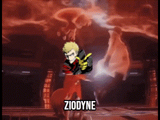 a cartoon of a man holding a gun in front of a red background with the word ziodyne on it .