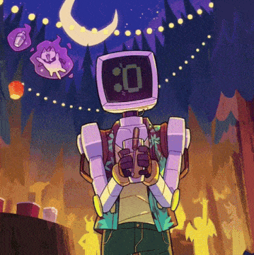 a cartoon drawing of a robot holding a drink with the number 0 on the screen