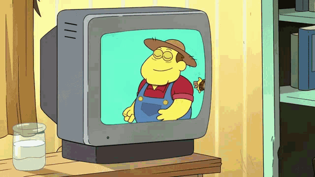 a cartoon of a man in overalls and a hat on a television