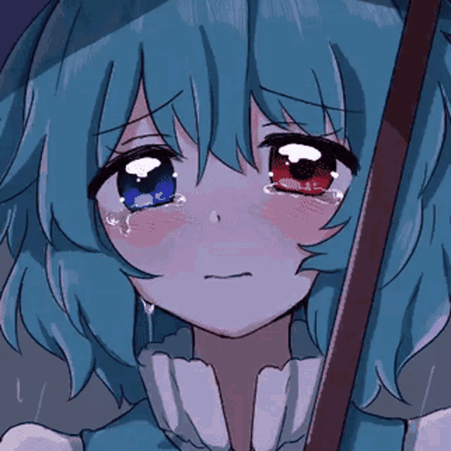 a drawing of a girl with blue hair and red eyes is crying
