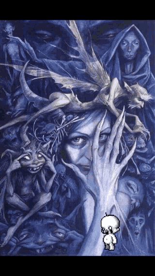 a painting of a woman surrounded by monsters with a skull in the middle