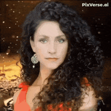 a woman with long curly hair is wearing earrings and a red dress