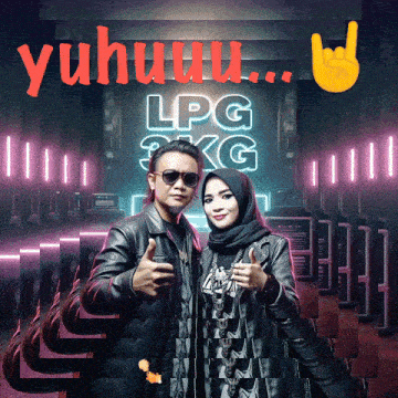 a man and a woman are posing in front of a neon sign that says lpg 3kg