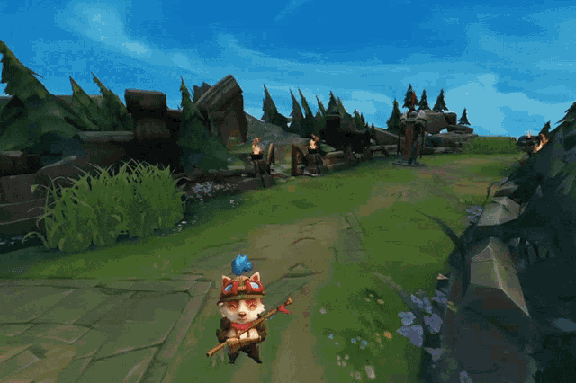 a video game scene with a cat holding a stick