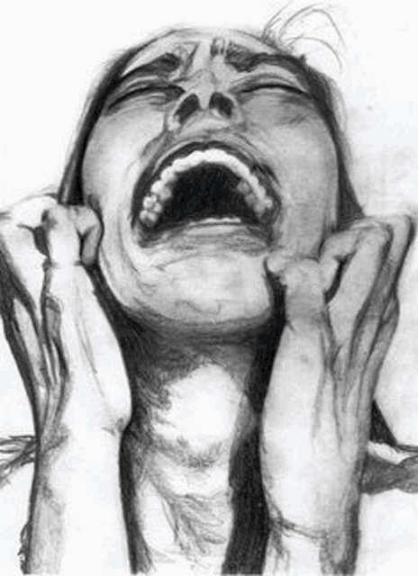 a black and white drawing of a woman screaming with her mouth open and her hands on her face .
