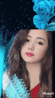 a woman 's face is surrounded by blue flowers and picsart