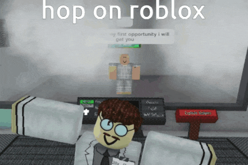 a cartoon character says hop on roblox in front of a computer screen