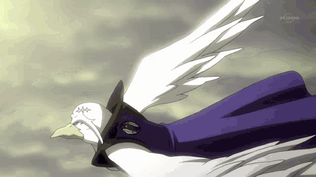 a cartoon of a bird with a purple cape that says bs japan on the bottom
