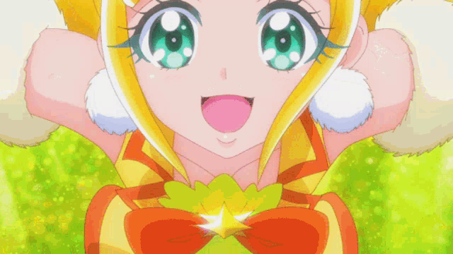 a close up of a cartoon character with a star in her chest