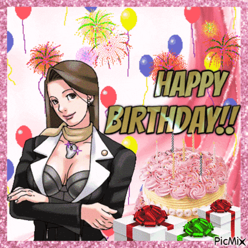 a picture of a woman with a cake and balloons that says happy birthday