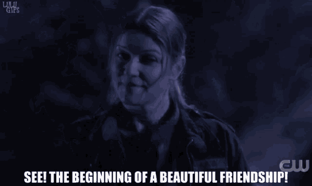 a woman says " see the beginning of a beautiful friendship " in a dark room