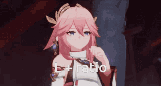 a pink haired anime girl with the words l + ratio written on the bottom