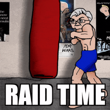 a cartoon of a man hitting a punching bag with the words raid time below