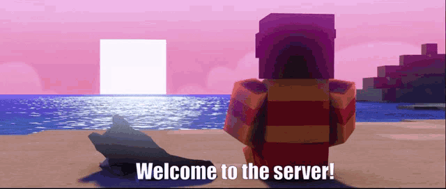 a cartoon character is standing in front of a body of water and says welcome to the server