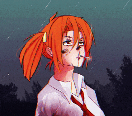 a drawing of a girl with red hair and a cigarette in her mouth