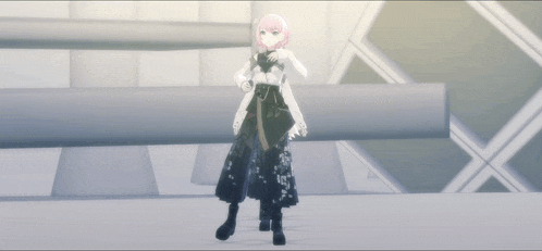 a girl with pink hair is wearing a white coat and black skirt