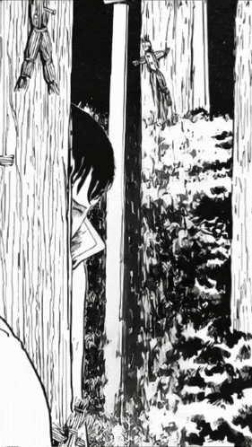 a black and white drawing of a person looking through a fence