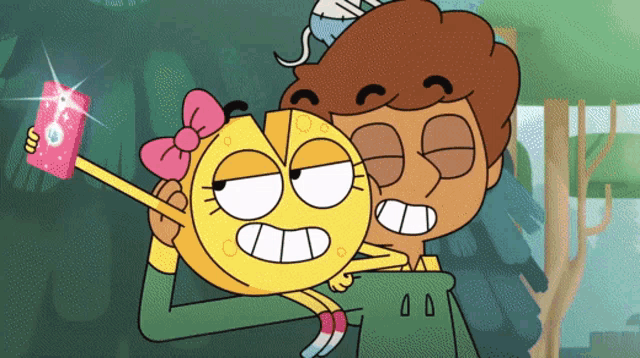 a cartoon character taking a selfie with a yellow face