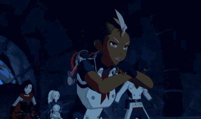 a group of cartoon characters standing in a dark room with their arms outstretched