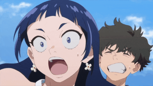 a girl with a surprised look on her face stands next to a boy who is crying