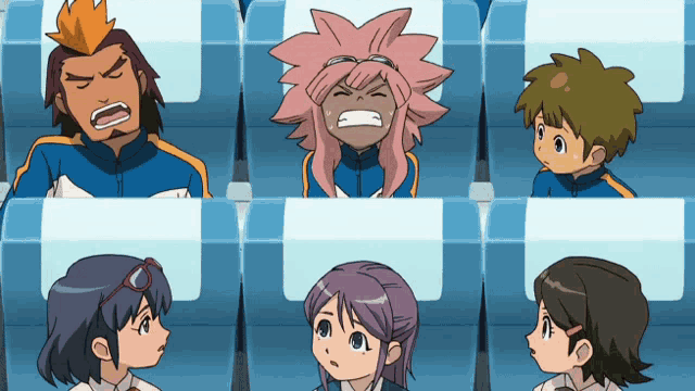 a group of cartoon characters are sitting in a row