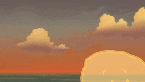 a cartoon drawing of a ghost with a smiling face and a cloudy sky in the background