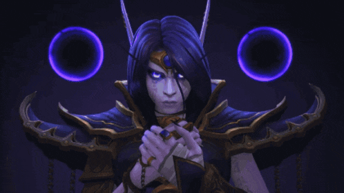 a video game character with purple eyes and a ring in her hand