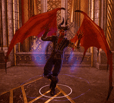 a video game character with red wings and horns is standing in a circle