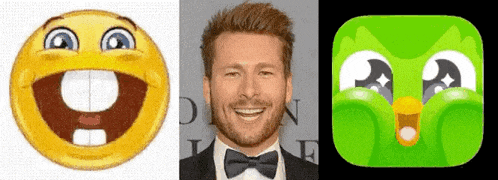 a man in a tuxedo smiles next to a smiley face
